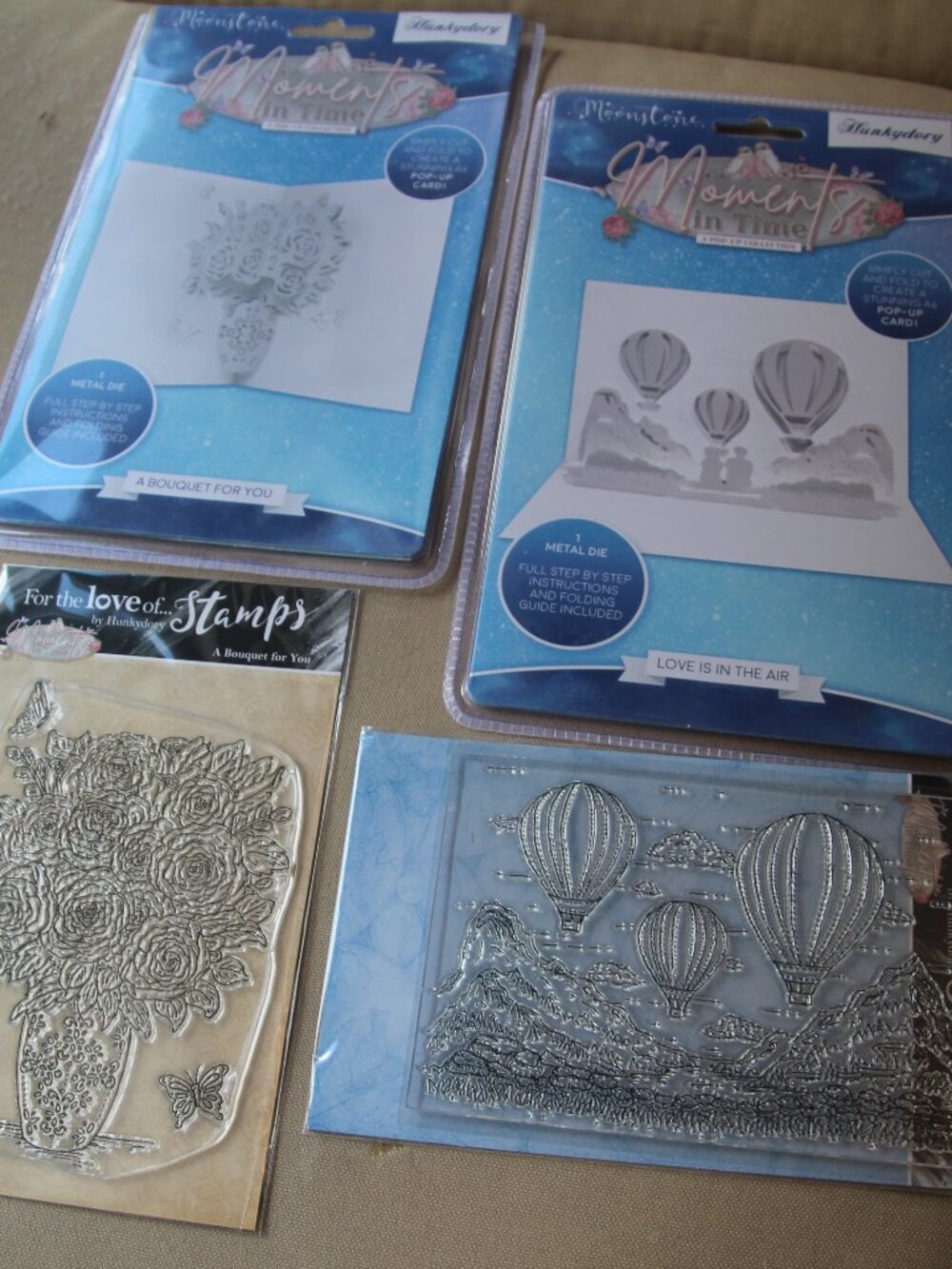 4 dies with matching stamps for 1 price. Pop-up card kit. Hunkydory. New.